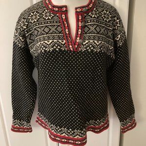 L.L. Bean 100% Merino Lambs Wool Pull Over Sweater Womens L Black Red Off White